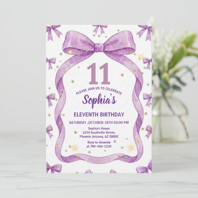 Convite Purple Bow Birthday Invite, Girls 11th Birthday  (Em pé/Frente)