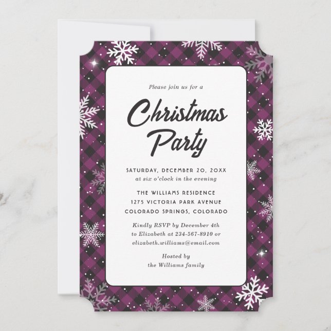 Convite Purple Buffalo Plaid Snowflake Christmas Party (Frente)