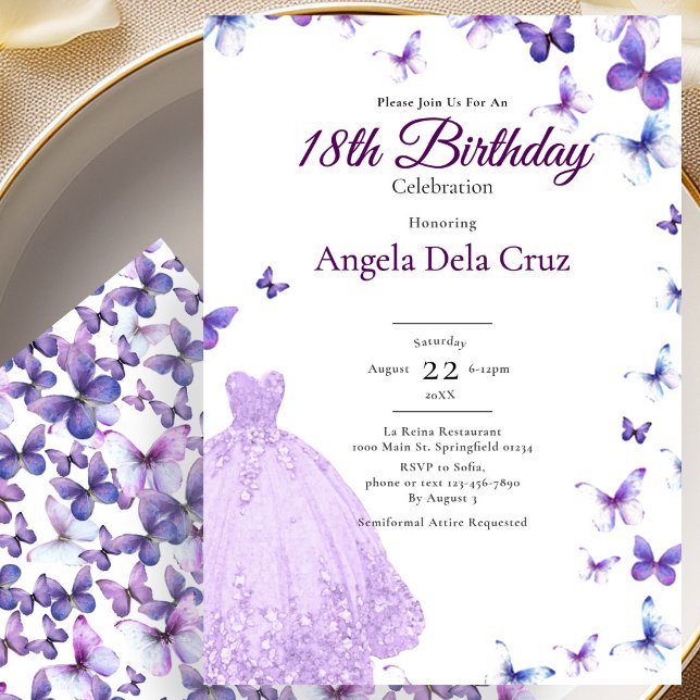 Convite Purple Butterflies And Dress 18th Birthday Debut (Criador carregado)
