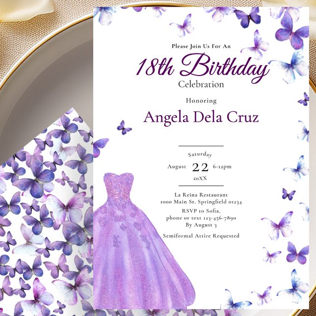 Convite Purple Butterflies And Dress 18th Birthday Debut (Criador carregado)