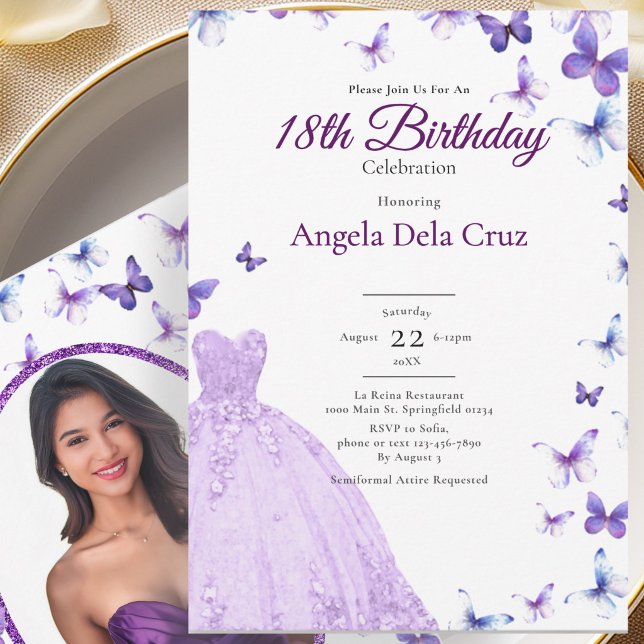 Convite Purple Butterflies And Dress 18th Birthday Debut (Criador carregado)