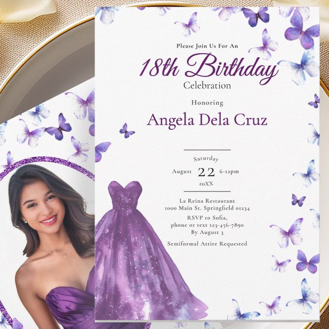 Convite Purple Butterflies And Dress 18th Birthday Debut (Criador carregado)