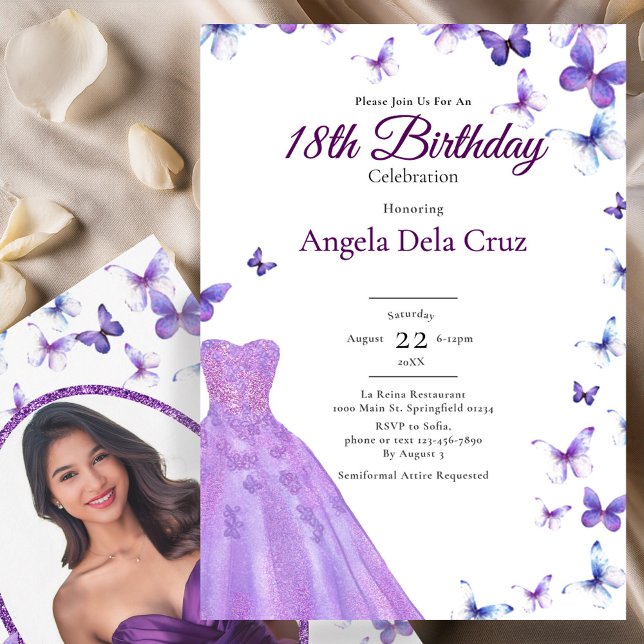 Convite Purple Butterflies And Dress 18th Birthday Debut (Criador carregado)