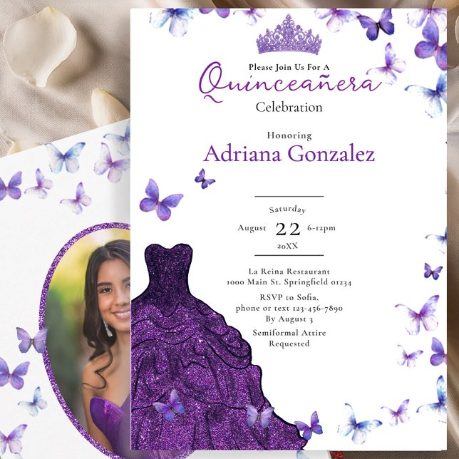 Convite Purple Butterflies Dress Photo 15 XV Quinceanera (Criador carregado)