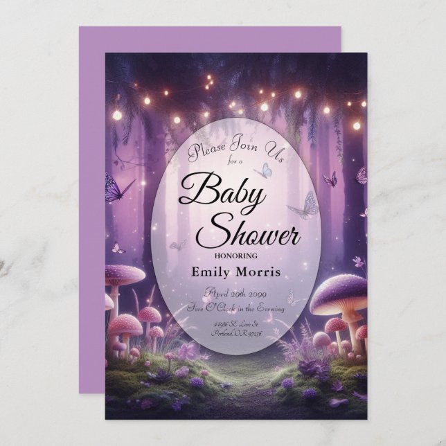 Convite Purple Butterflies Starlit Skies Baby Shower (Frente/Verso)