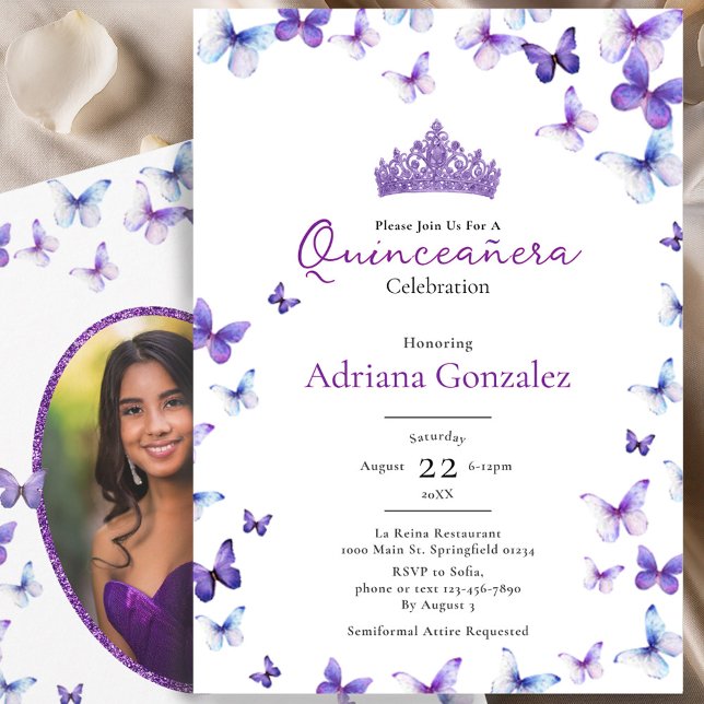 Convite Purple Butterflies Tiara Photo 15 XV Quinceanera (Criador carregado)