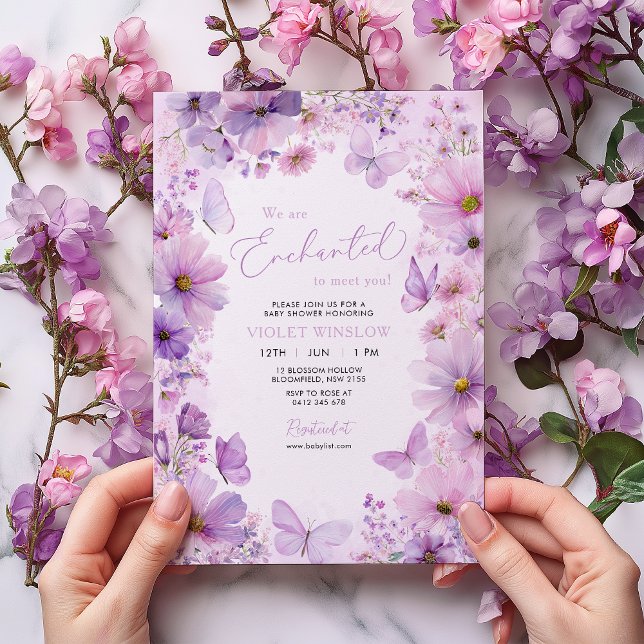Convite Purple Butterfly Floral Baby Shower Enchanted (Girl Baby Shower Invitation. Enchanted Purple Floral Butterfly)