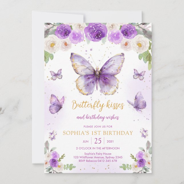 Convite Purple Butterfly Floral Girl Birthday Invitation (Frente)
