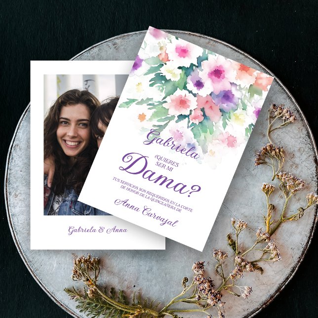 Convite Purple Charming Delicate Wildflowers Quinceañera (Purple Spanish Charming Delicate Colorful Wildflowers Quinceañera Dama with Photo Proposal Card. )