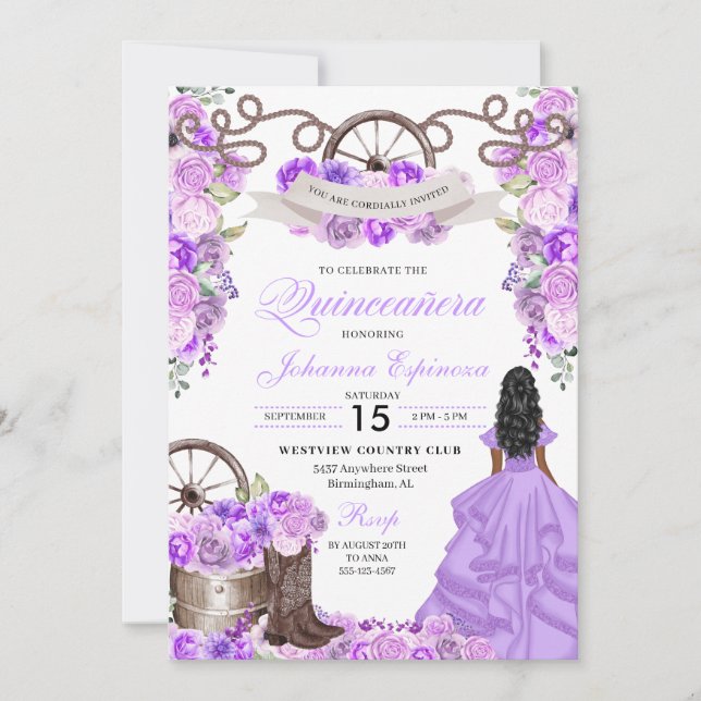 Convite Purple Charra Princess Western Quinceanera (Frente)
