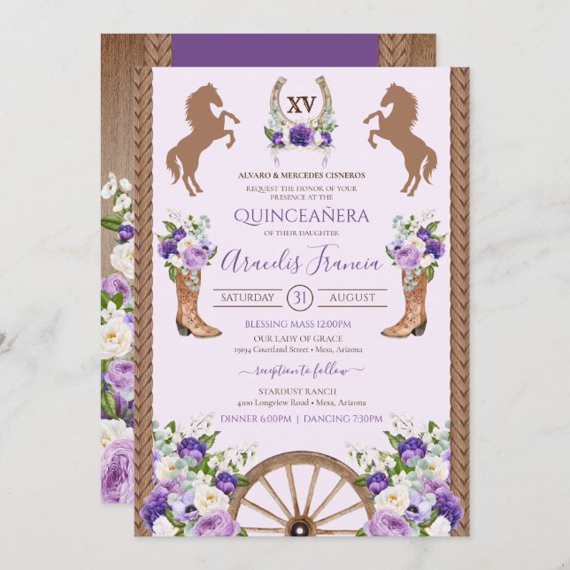 Convite Purple Charra Quinceanera Floral Russo Ocidental (Frente/Verso)