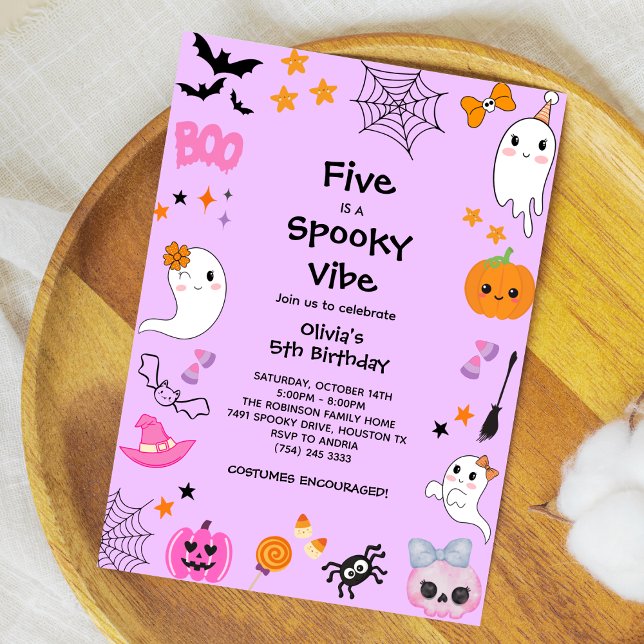 Convite Purple Cinco é Spooky Vibe 5 de Halloween Aniversá (Purple Five is a Spooky Vibe Halloween 5th Birthday Invitation )
