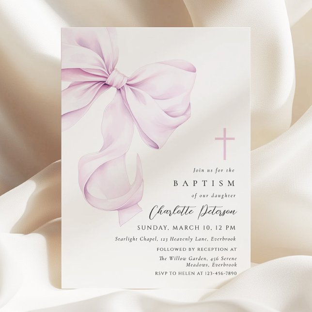 Convite Purple Coquette Bow Baptism Invitation (Criador carregado)
