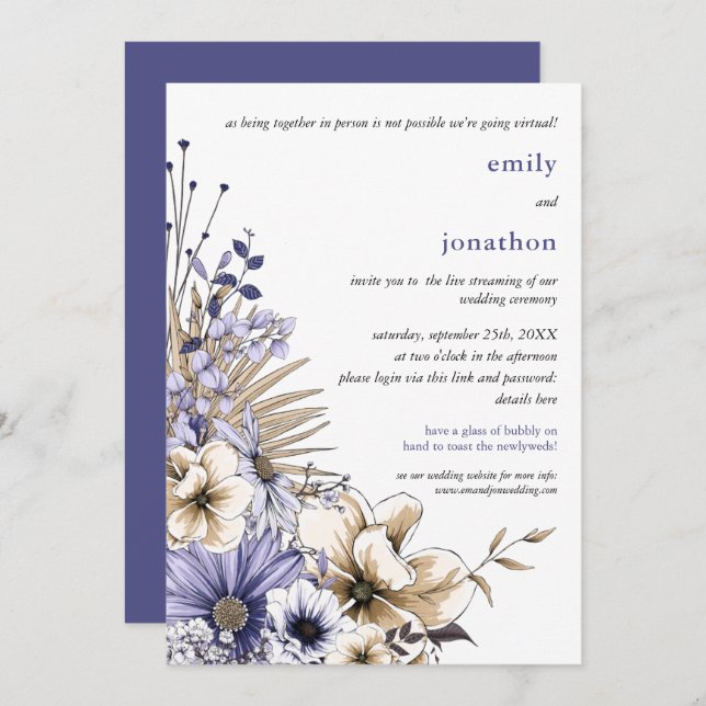 Convite Purple Cream Watercolor Florals Casamento Virtual (Frente/Verso)