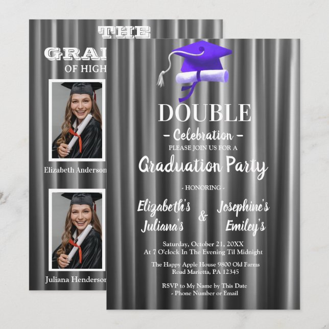Convite Purple double Celebration Graduation Party 4 photo (Frente/Verso)