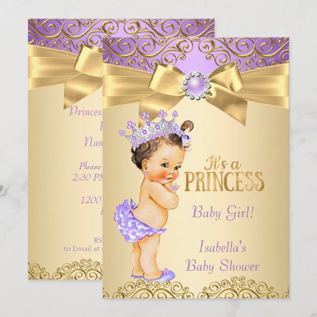 Convite Purple Dourado Damask Princess Chá de fraldas Brun (Frente/Verso)