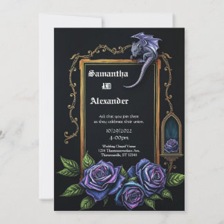 Convite Purple Dragon and Roses Gothic Wedding Invitation