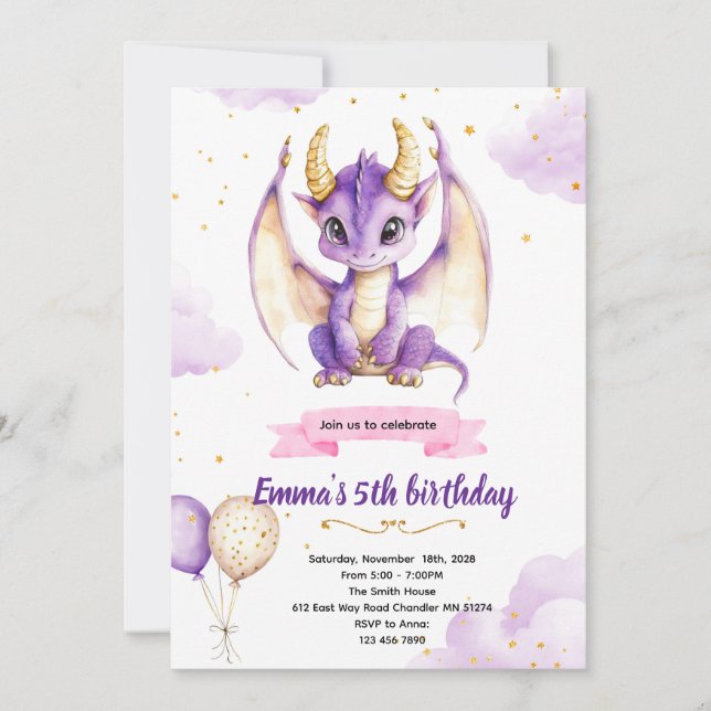 Convite Purple dragon birthday party invitation (Frente)