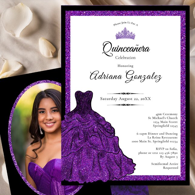 Convite Purple Dress and Tiara Custom Photo Quinceanera (Criador carregado)