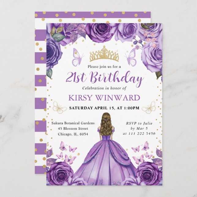 Convite Purple Dress Blona Princesa Birthday (Frente/Verso)