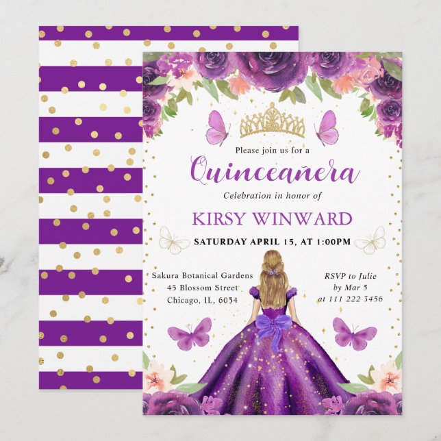 Convite Purple Dress Blona Princesa Quinceanera (Frente/Verso)