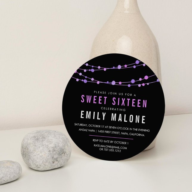 Convite Purple e Black Confetti Garland Sweet 16 (Criador carregado)
