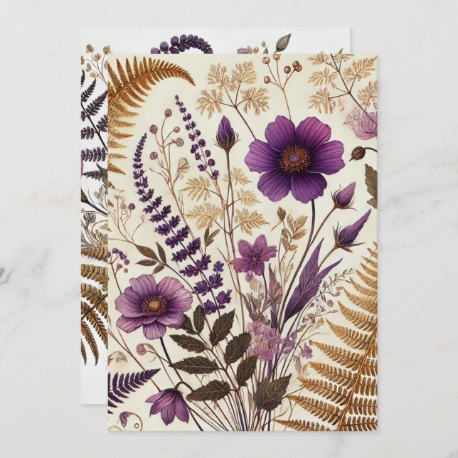 Convite Purple e Dourado Boho Wildflower e Ferns para impr (Frente/Verso)