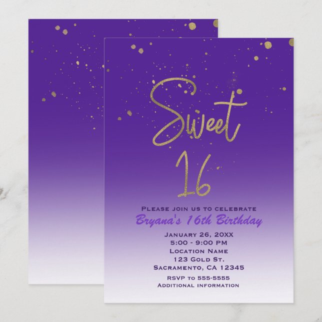 Convite Purple e Dourado Glam Moderno SWEET 16 Festa de an (Frente/Verso)