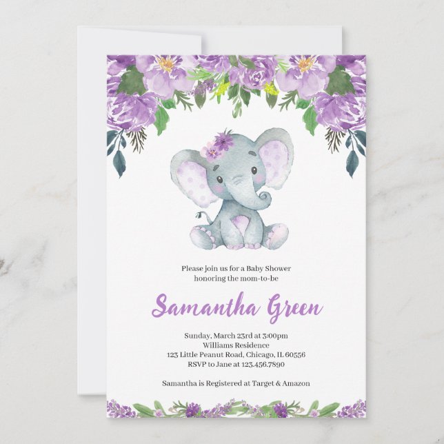 Convite Purple Elephant Baby Shower (Frente)