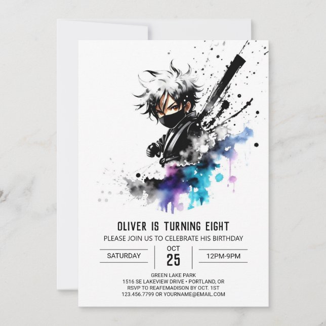 Convite Purple Fantasy Ninja Boy Digital Birday (Frente)