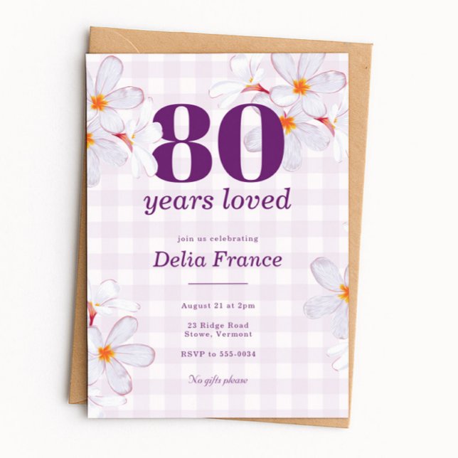 Convite Purple Floral 80 Years Loved Birthday Party (Criador carregado)