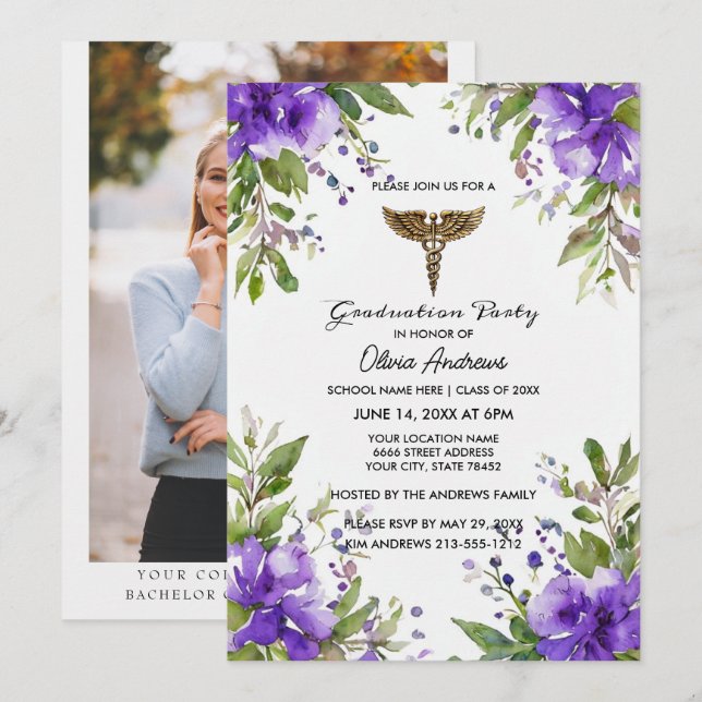 Convite Purple Floral BSN Nursing Graduation Invitation |  (Frente/Verso)
