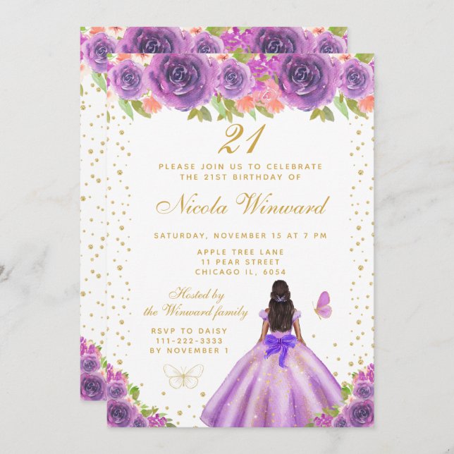 Convite Purple Floral Dark Skin Princess Birthday Party (Frente/Verso)