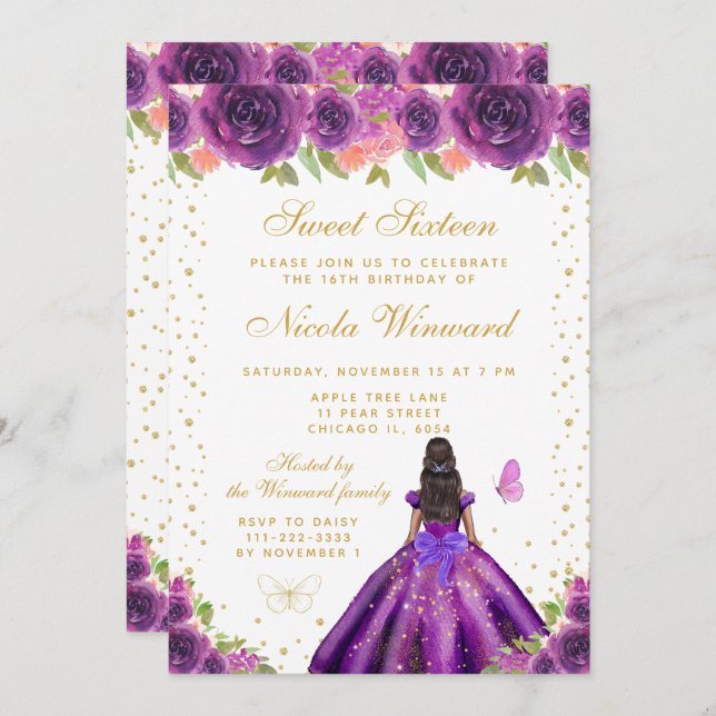 Convite Purple Floral Dark Skin Princess Sweet Sixteen (Frente/Verso)