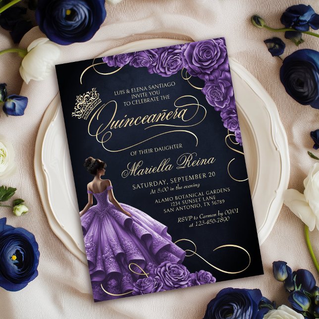 Convite Purple Floral Dress Quinceañera (Criador carregado)