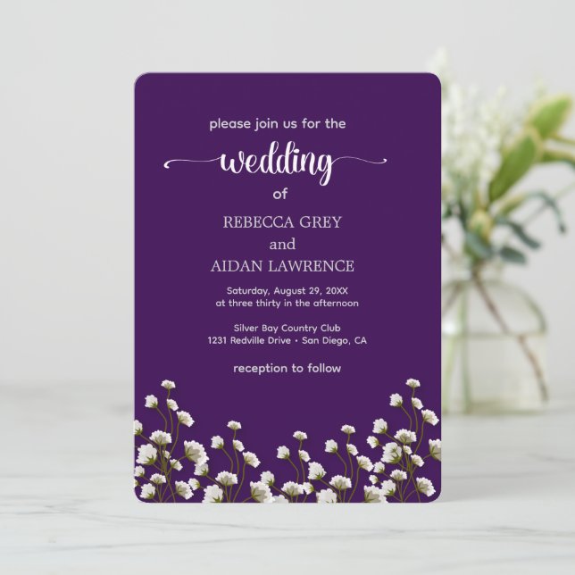 Convite Purple Floral Elegant Wedding Invitation (Em pé/Frente)