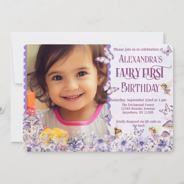 Convite Purple Floral Fairy First QR Code Photo Birthday (Frente)