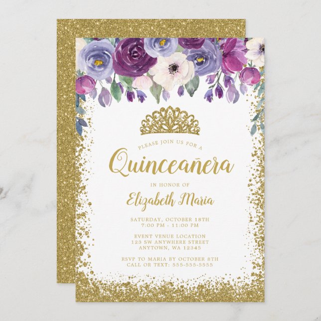 Convite Purple Floral Faux Dourada Glitter Tiara Quinceane (Frente/Verso)