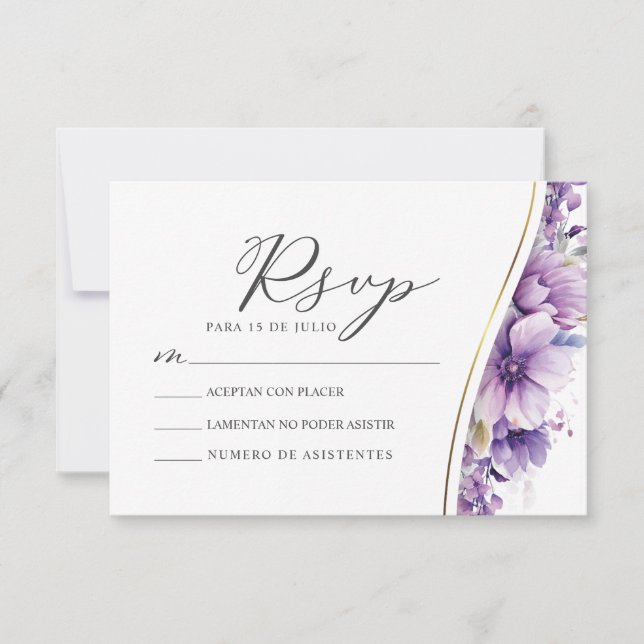 Convite Purple Floral Foliage Nuestra Boda Wedding RSVP (Frente)