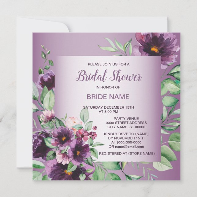 Convite Purple Floral Geometric Greenery Bridal Shower (Frente)