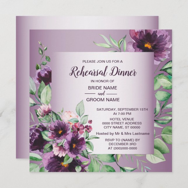 Convite Purple Floral Geometric Greenery Rehearsal Dinner  (Frente/Verso)