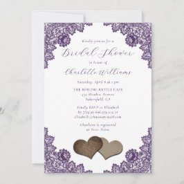 Convite Purple Floral Lace Burlap Hearts Bridal Shower