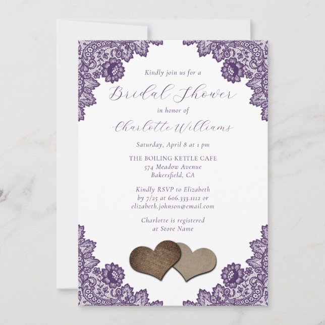 Convite Purple Floral Lace Burlap Hearts Bridal Shower (Frente)