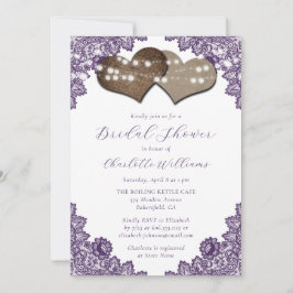 Convite Purple Floral Lace Burlap Hearts Bridal Shower