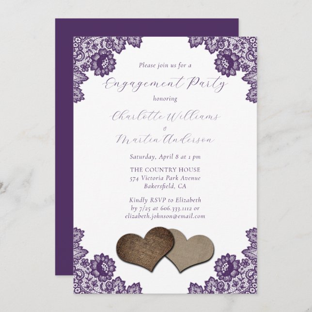 Convite Purple Floral Lace Burlap Hearts Engagement Party (Frente/Verso)