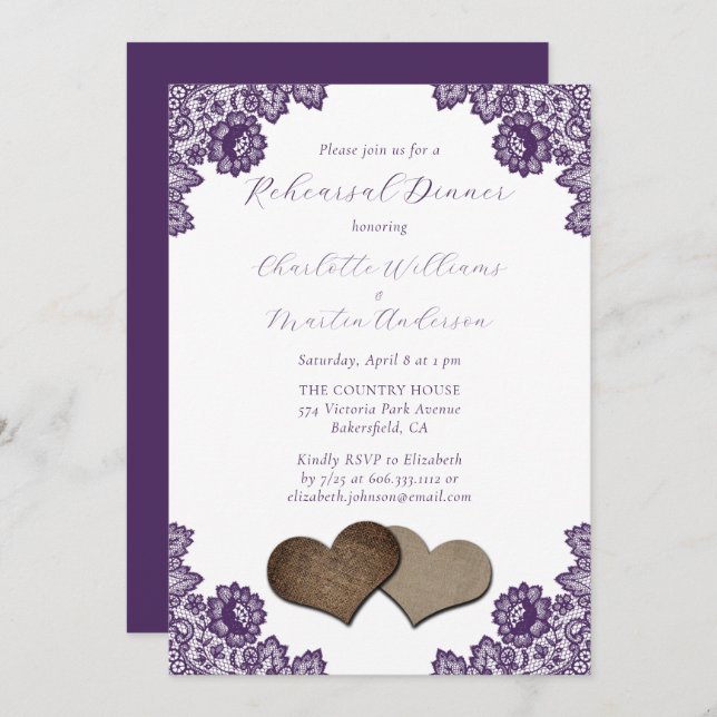 Convite Purple Floral Lace Burlap Hearts Rehearsal Dinner (Frente/Verso)