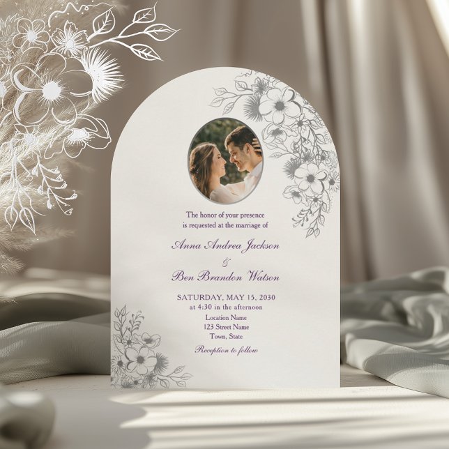 Convite Purple Floral Photo Arched Wedding (Criador carregado)