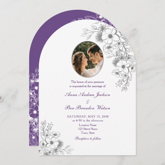 Convite Purple Floral Photo Arched Wedding (Frente/Verso)
