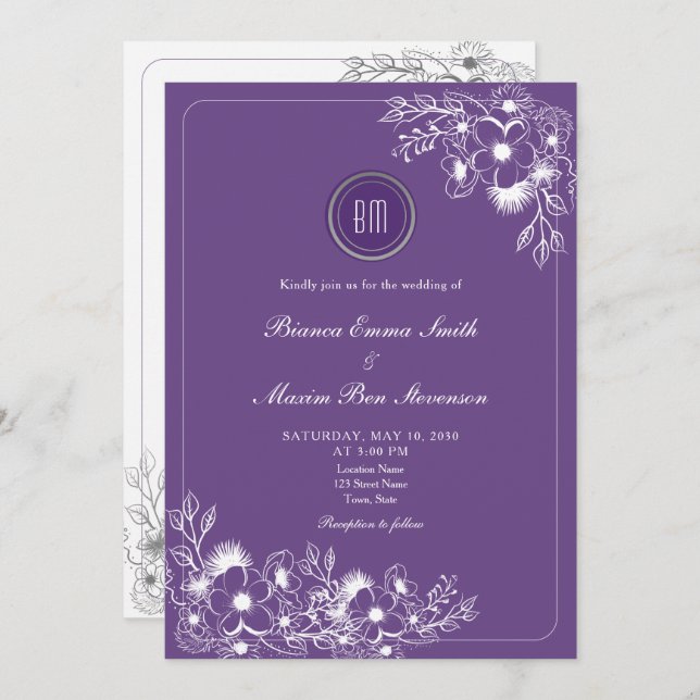 Convite Purple Floral Photo QR Code Wedding (Frente/Verso)