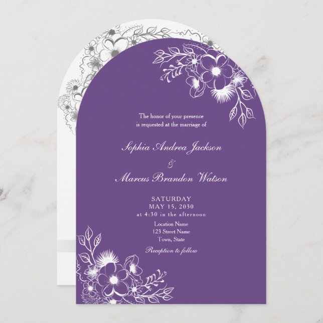 Convite Purple Floral QR Code Wedding (Frente/Verso)
